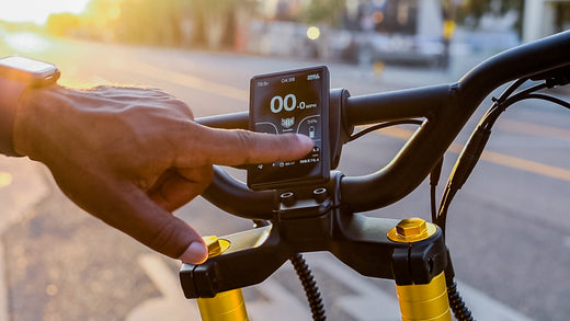 Wolf King GT electric scooter, man pointing at display, screen on