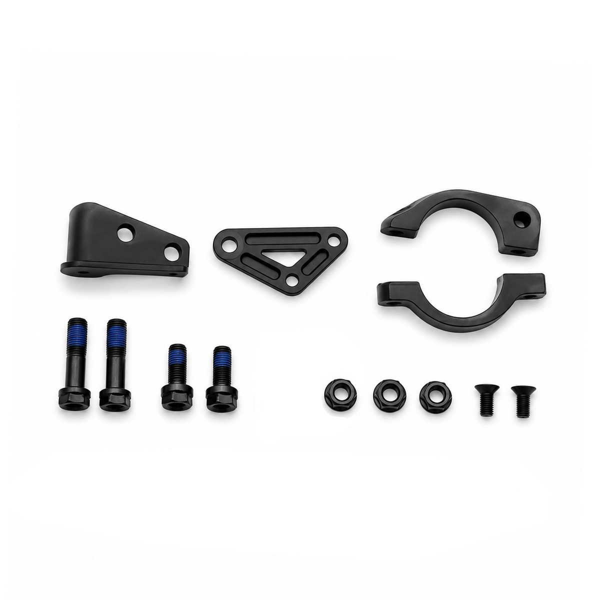 Mounting hardware in the Hooga Daytona steering damper kit: frame bracket, bar clamp halves, bolts, nuts and spacers