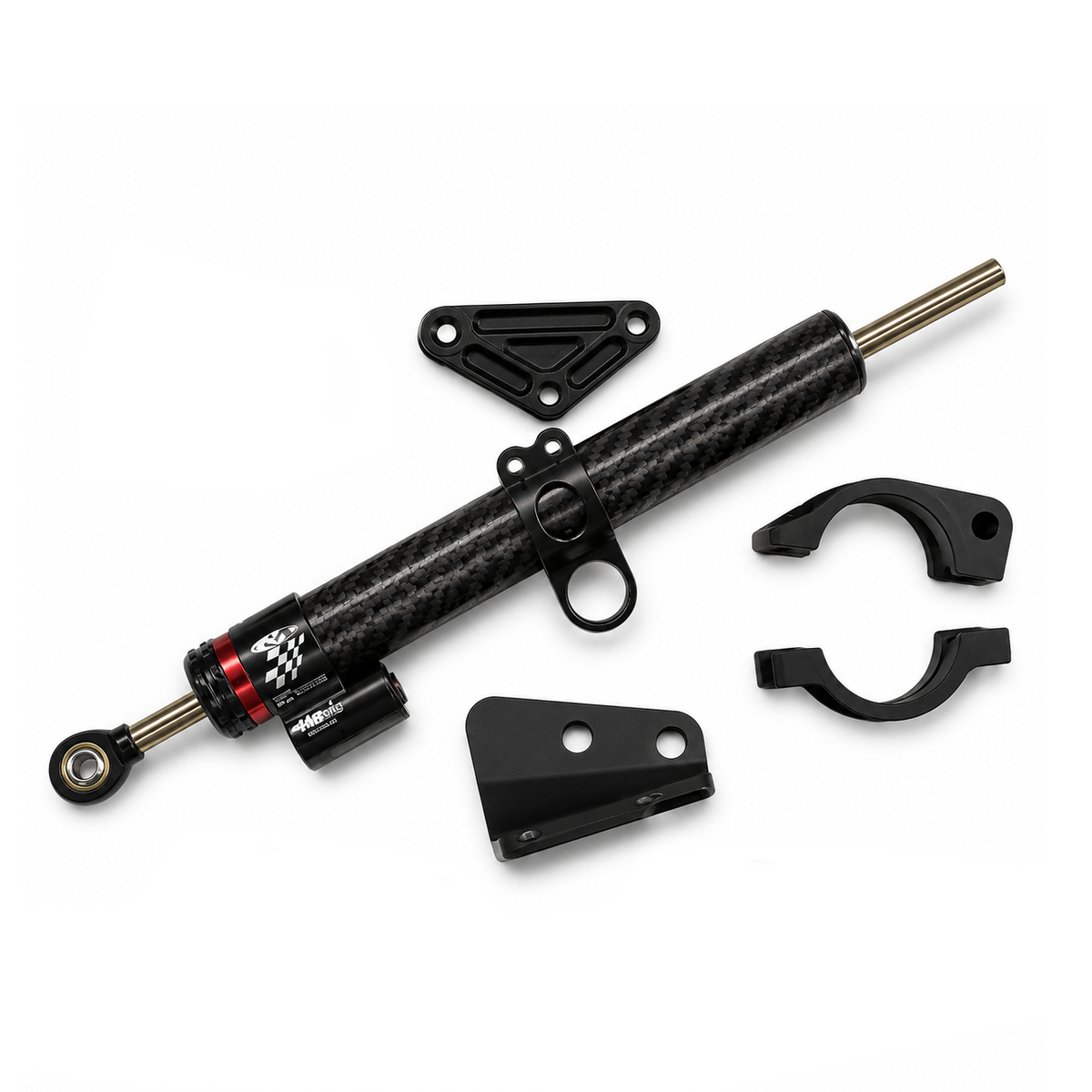 Hooga Daytona steering damper kit: carbon body damper, frame bracket, bar clamp halves and mounting bolts