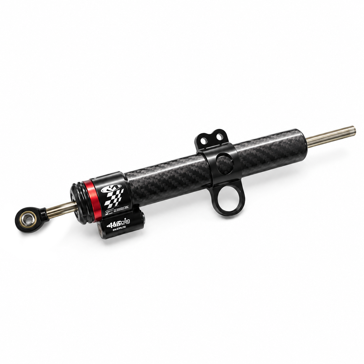 Carbon fibre steering damper for the Hooga Daytona, side view showing the shaft and rod end