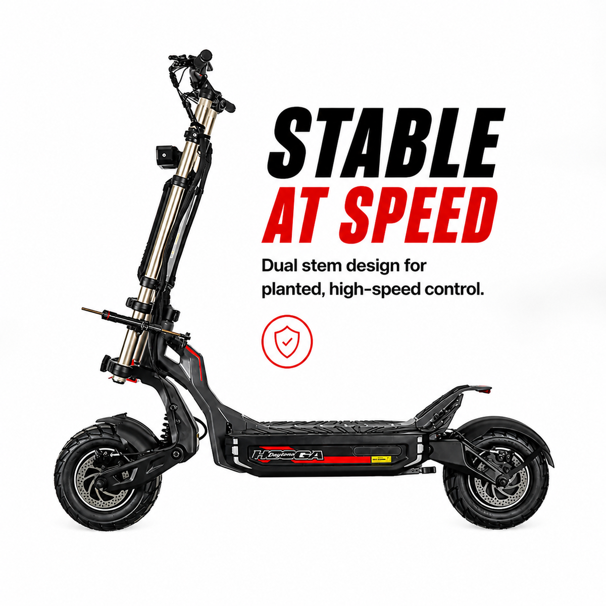Hooga Daytona 72V electric scooter side profile with dual stem design for high speed stability