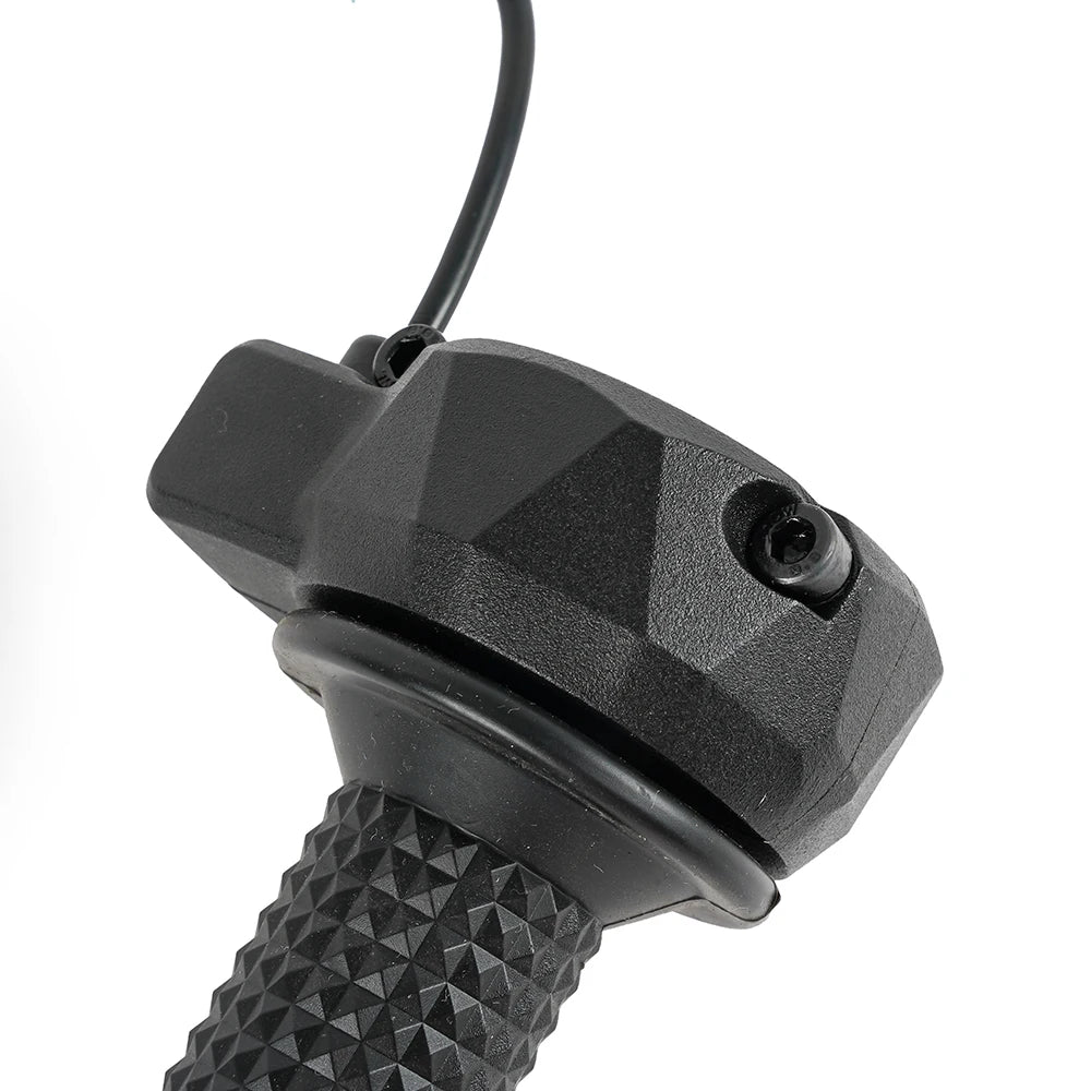 Close up of the faceted throttle housing and its clamp bolt where the cable exits