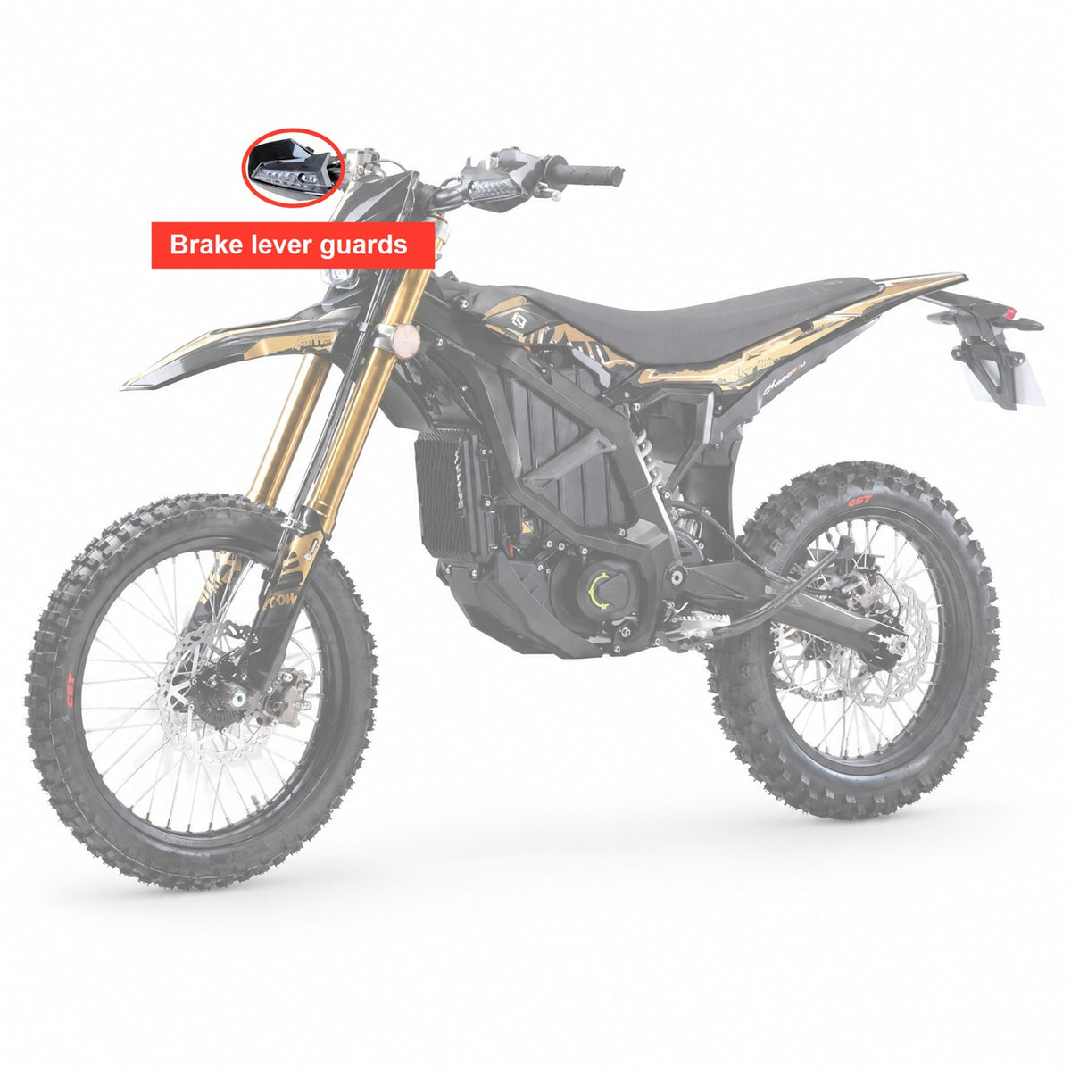 Where the brake lever guards sit on the Surron Ultra Bee, circled on the complete bike