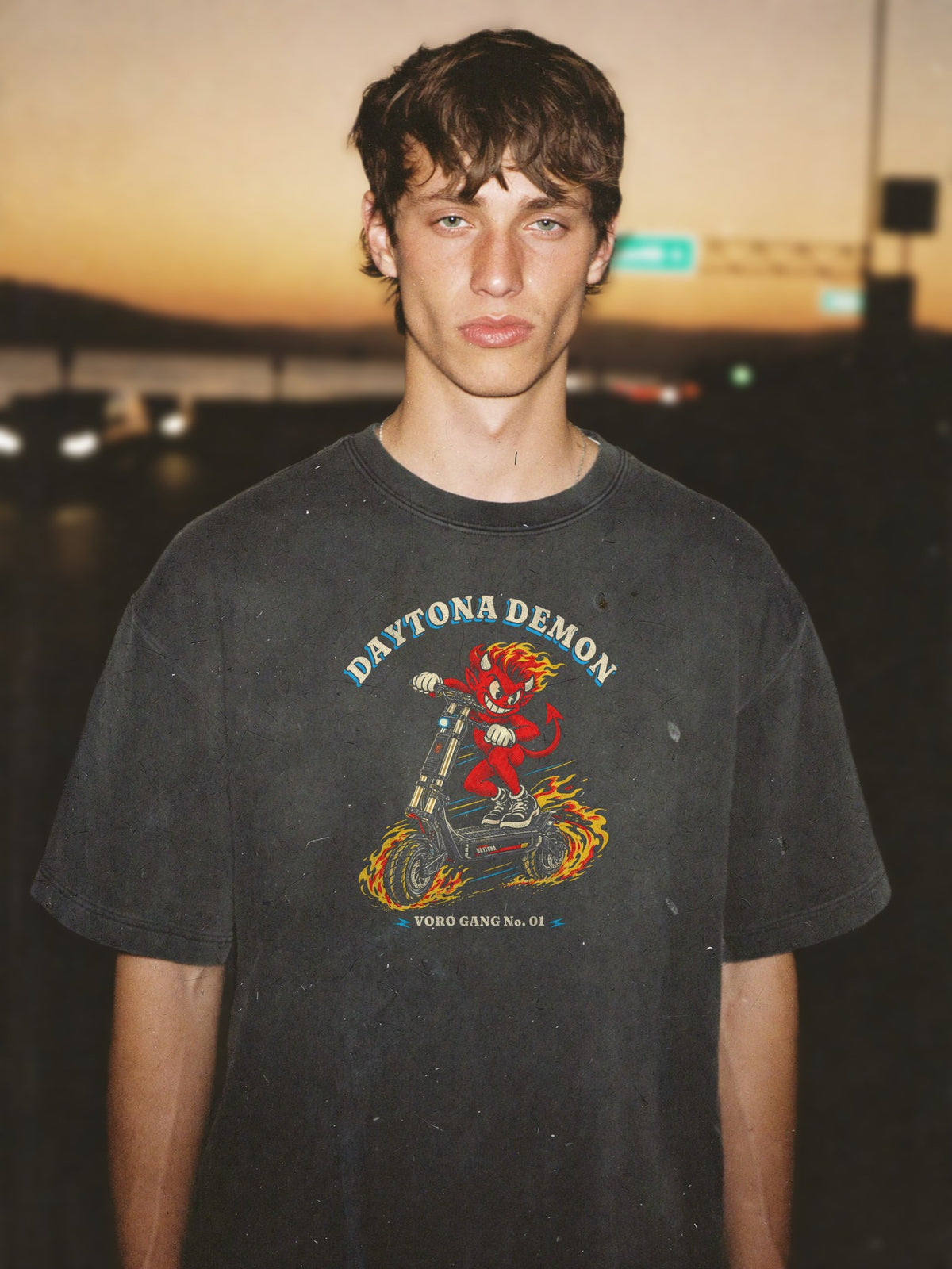 Daytona Demon Washed Tee, front print close up