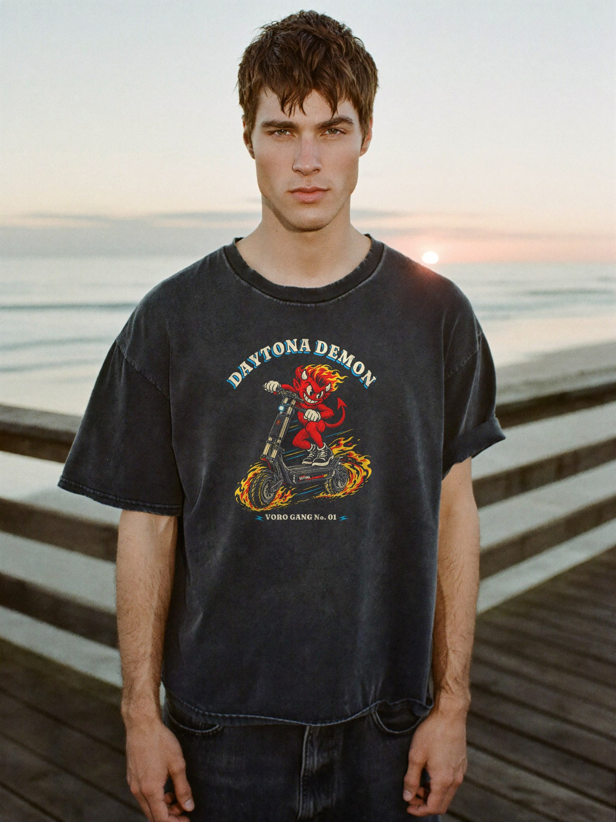 Daytona Demon Washed Tee, front print, worn full length