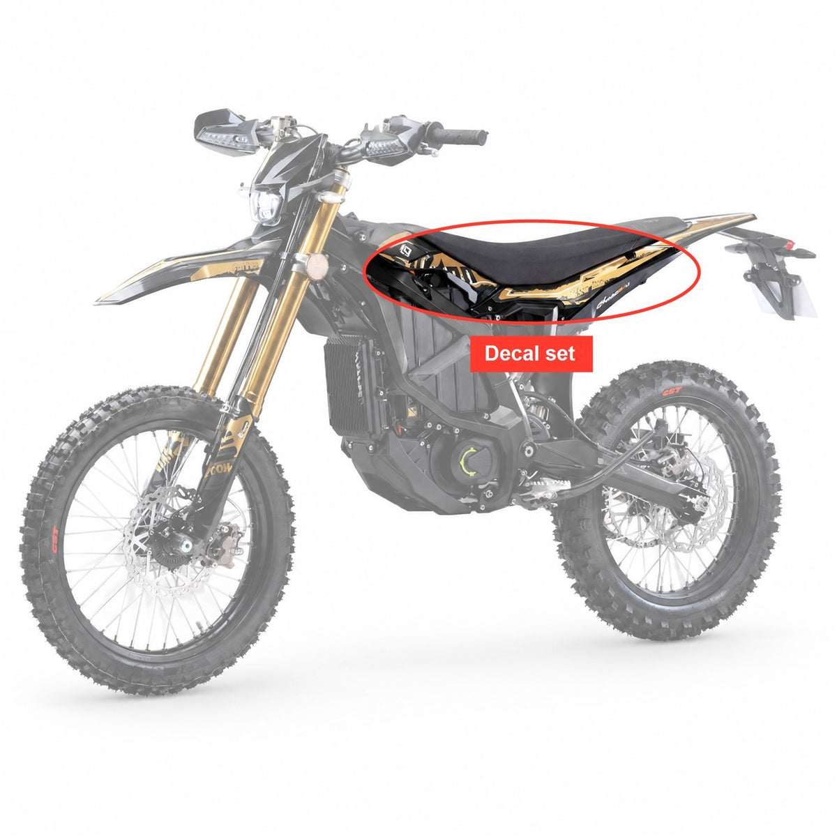 Where the decal set goes on the Surron Ultra Bee, circled on the complete bike