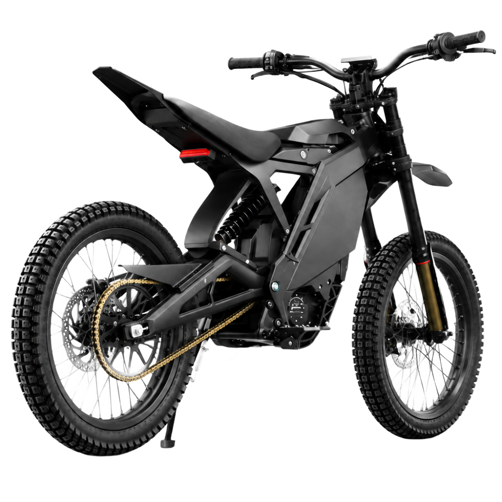 E Ride Pro 4.0 electric dirt bike rear three-quarter view showing chain drive and swingarm