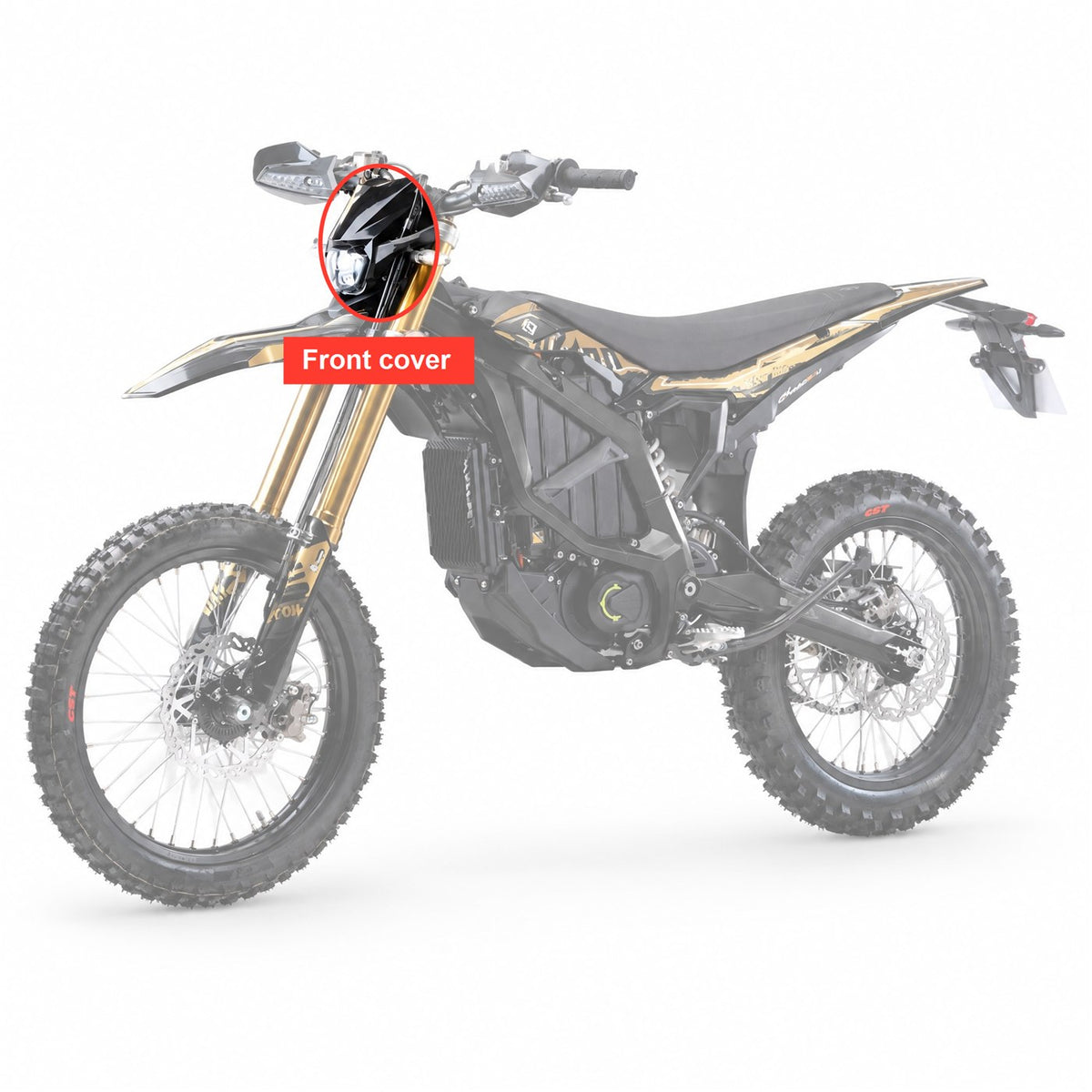 Where the front cover sits on the Surron Ultra Bee, circled on the complete bike