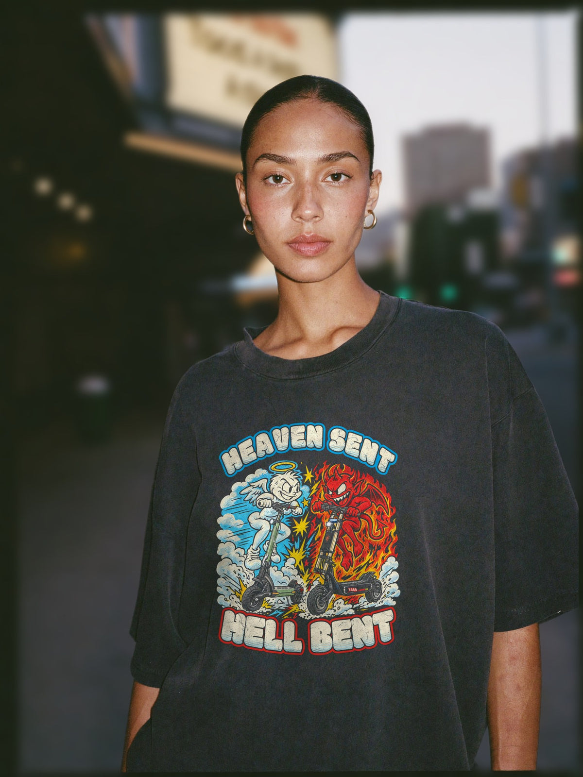 Heaven Sent / Hell Bent Washed Tee, front print close up