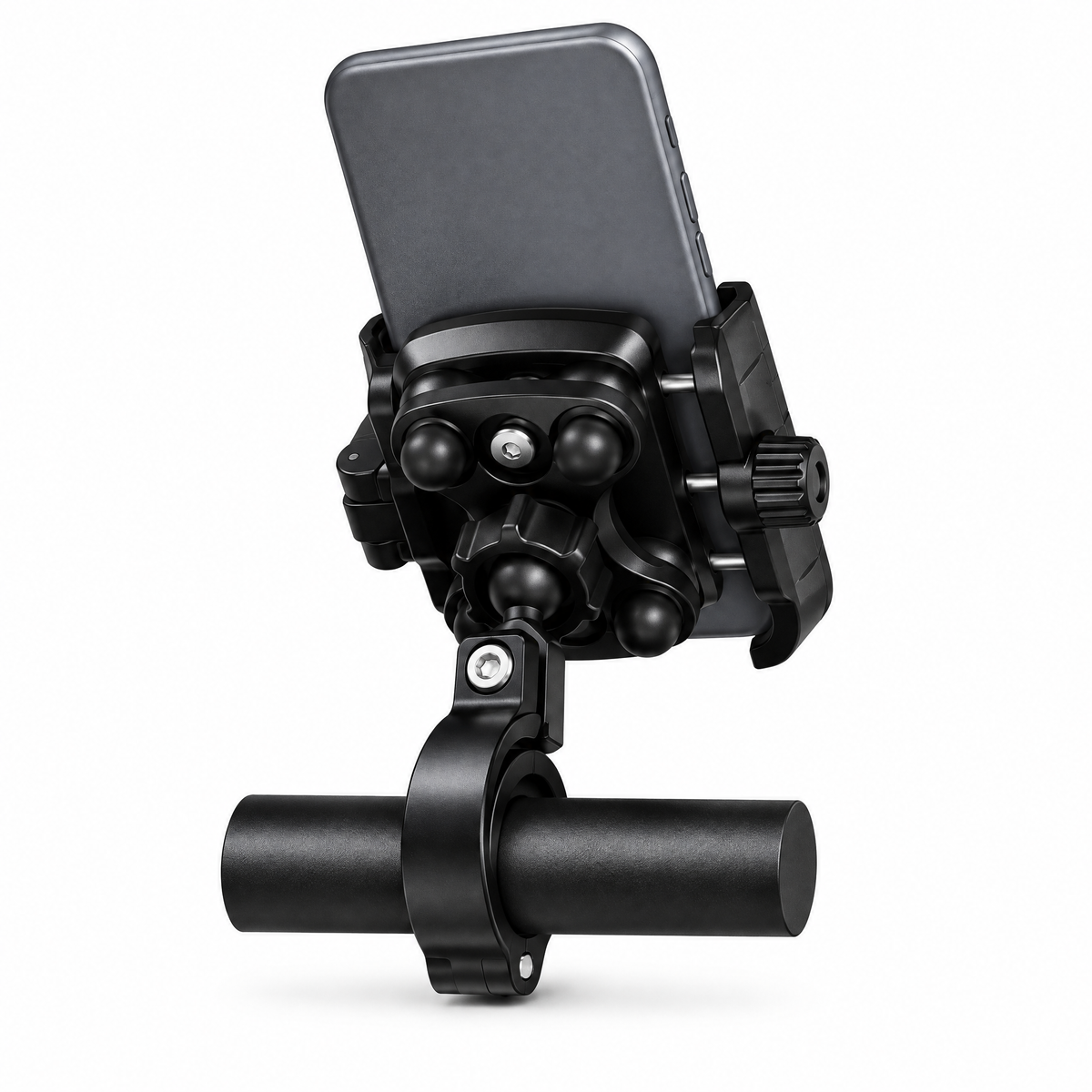 VM Aluminum Phone Holder holding a phone, seen from behind with the ball mount and handlebar clamp