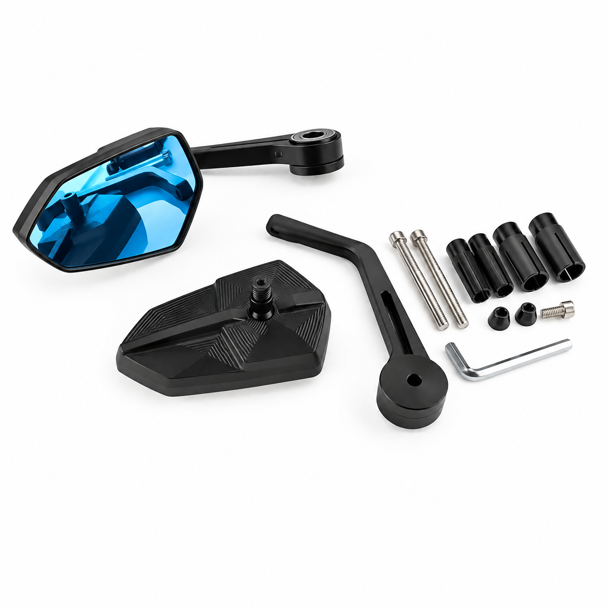 Everything in the box: two mirror heads, two arms, bar-end sleeves, bolts, cone nuts and hex key