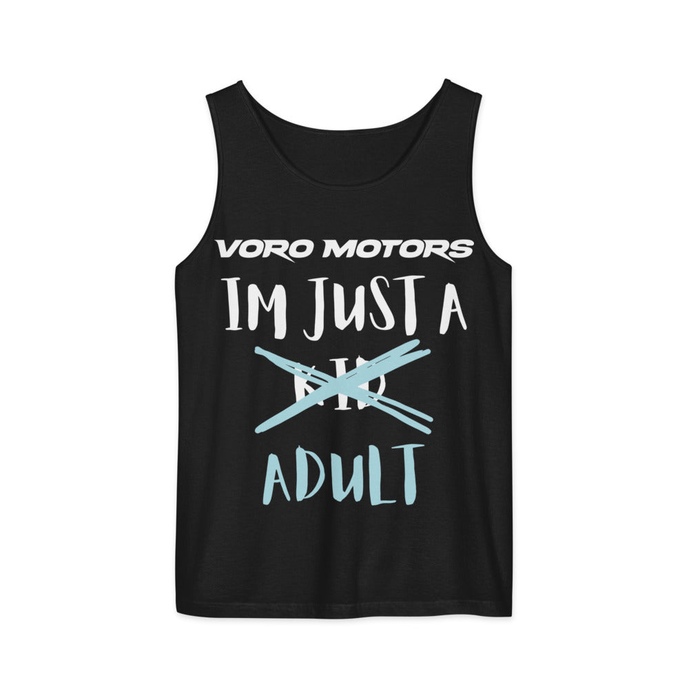 I'm Just a Kid Adult tank in black, front print