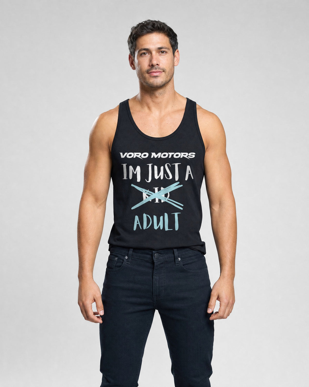 Man wearing the I'm Just a Kid Adult tank in black