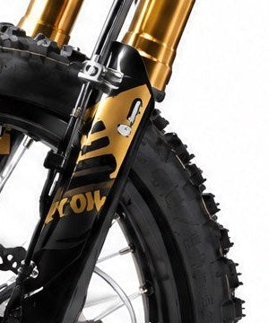 Suspension fork cover on the Surron Ultra Bee front fork, close detail