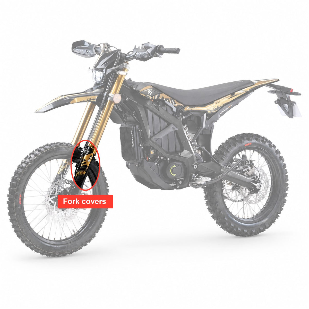 Where the suspension fork covers sit on the Surron Ultra Bee, circled on the complete bike