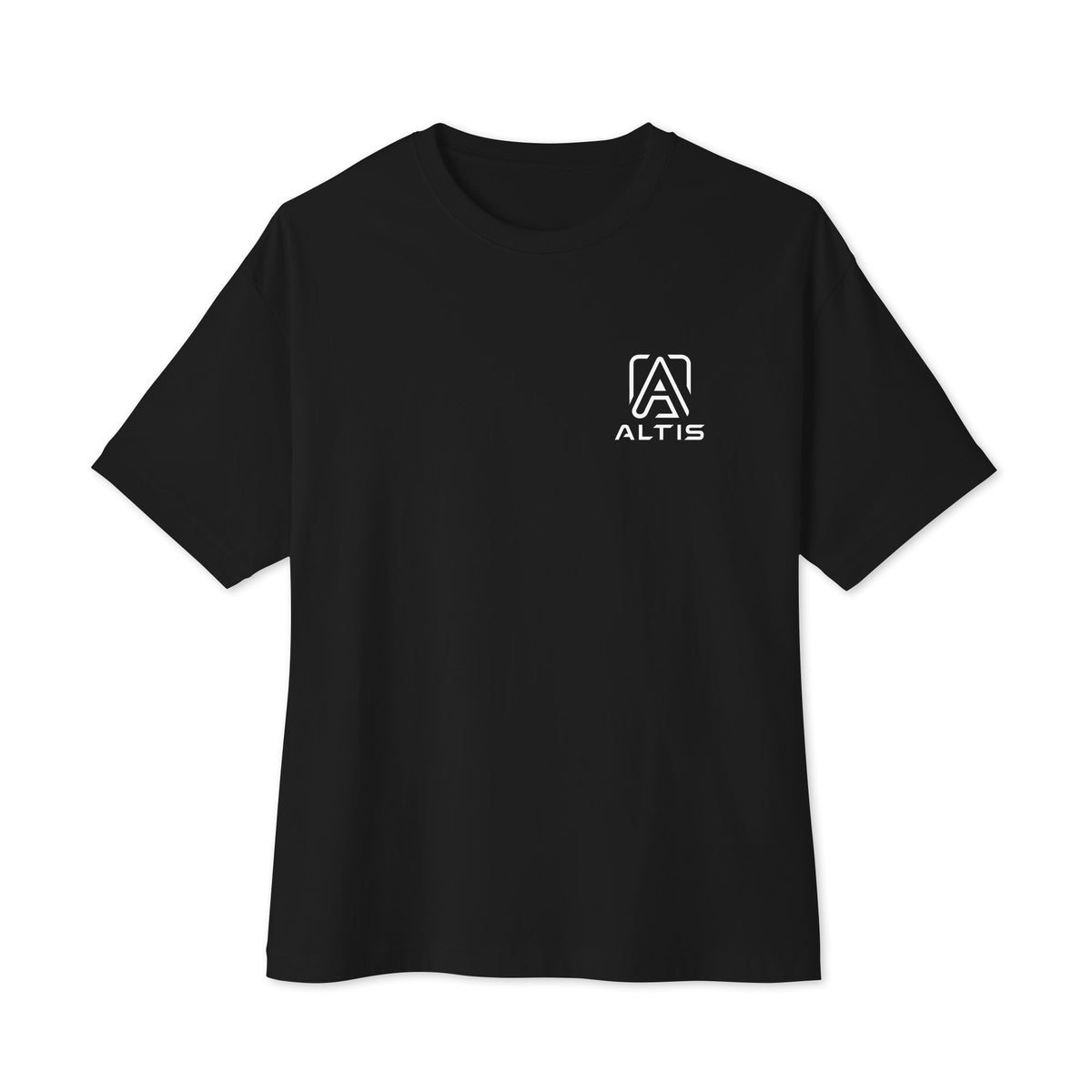 Altis Logo Tee in black, flat front view with the Altis logo on the left chest