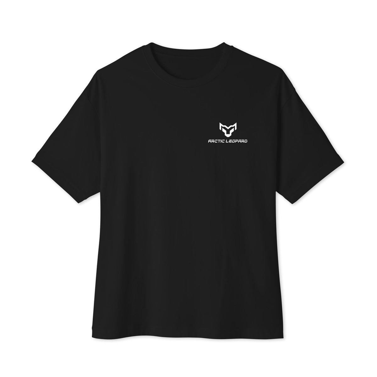 Arctic Leopard Logo Tee in black, flat front view with the Arctic Leopard logo on the left chest