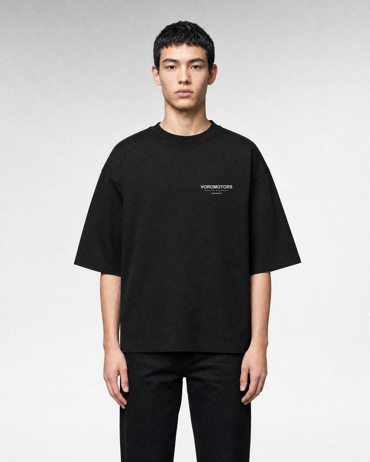 VM Cotton Oversized Underground Tee in black, front, VOROMOTORS chest print in white