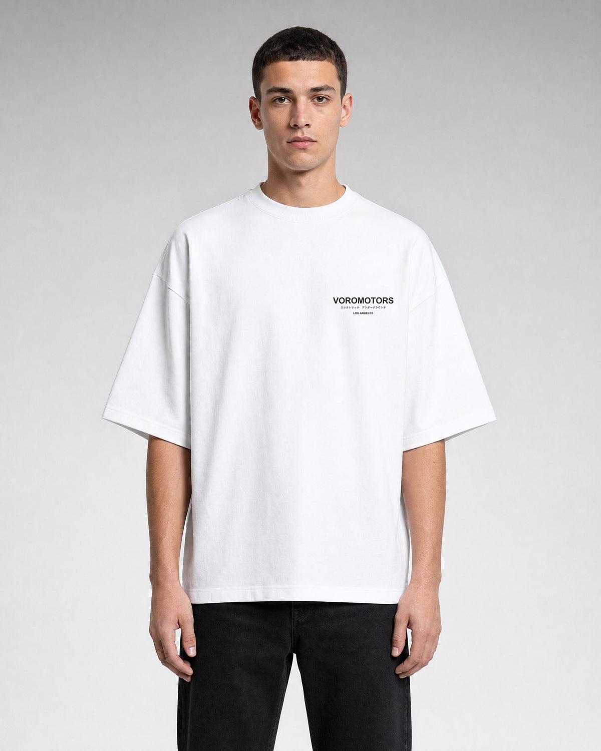 VM Cotton Oversized Underground Tee in white, front, VOROMOTORS chest print in black