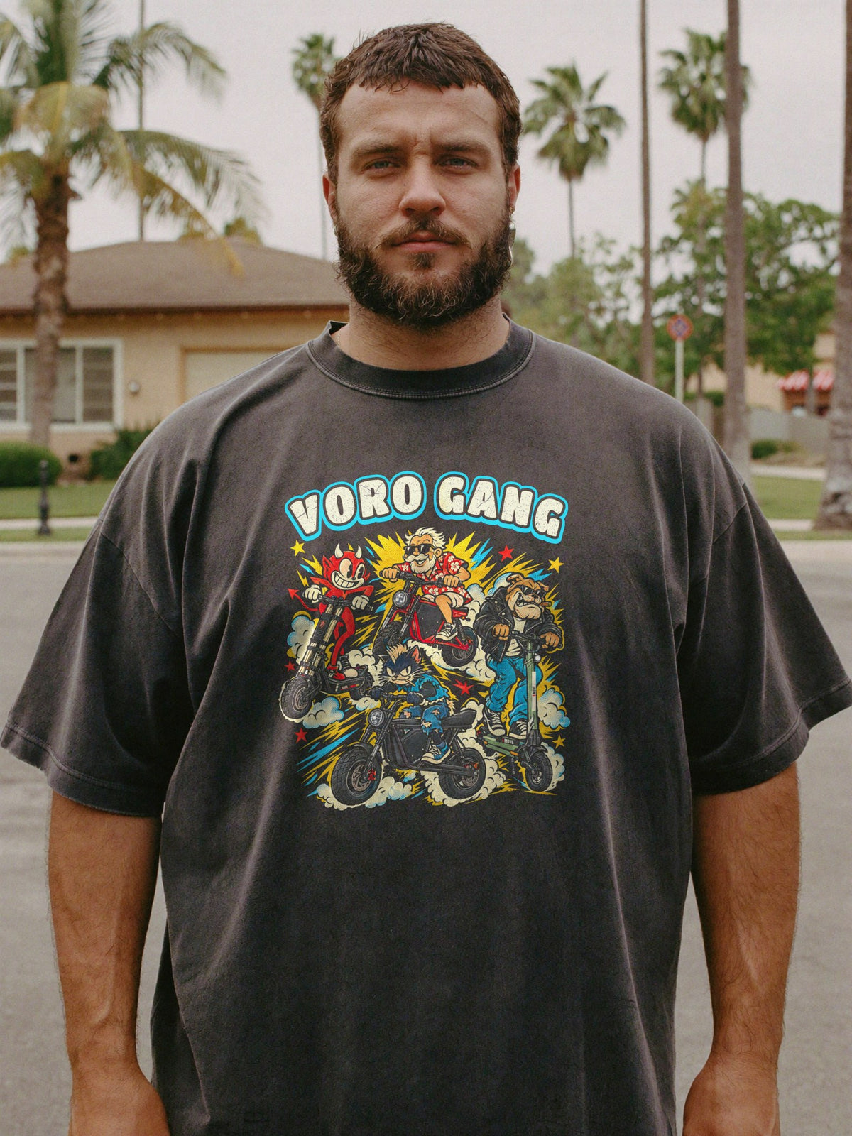 VORO Gang Washed Tee, front print close up