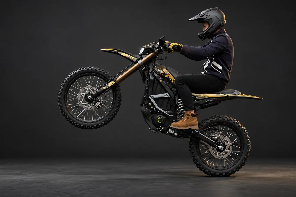 The Ultra Bee on its rear wheel at the thirty degree wheelie setting.