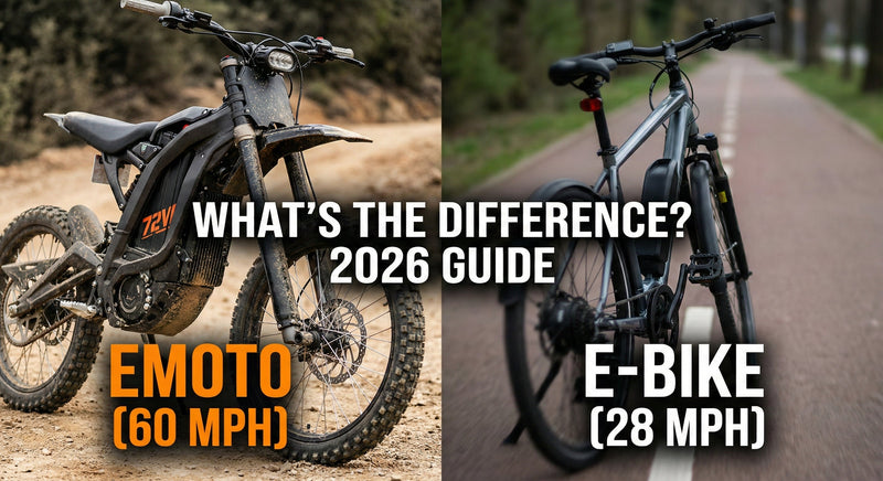 Comparison of E Ride Pro SS Emoto electric dirt bike versus standard electric bicycle for performance guide.