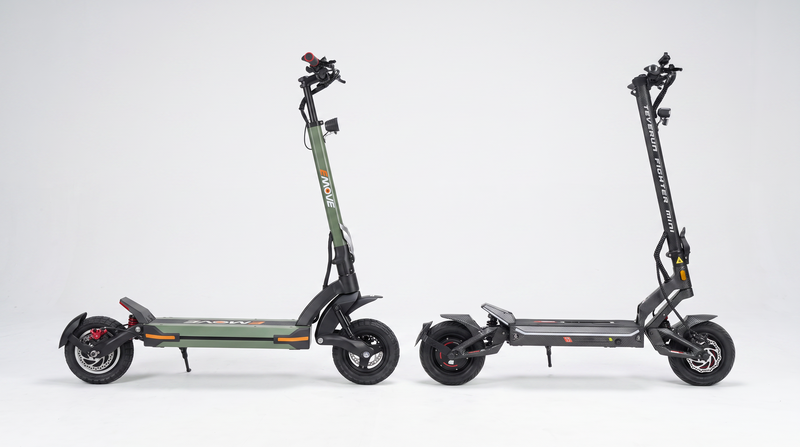EMOVE Cruiser V2 and Teverun Fighter Mini Pro electric scooters side by side