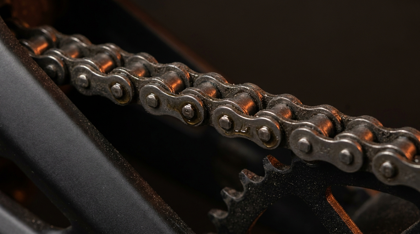 Close-up of a lubricated electric dirt bike chain, factory chain oil is normal not a leak on the Aptum VM 1