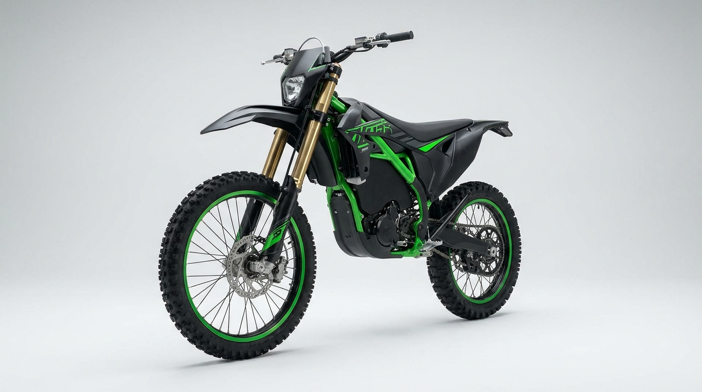 Full-size electric dirt bike showing inverted forks, big knobby wheel, and hydraulic brakes, how the Arctic Leopard XE Pro R is made