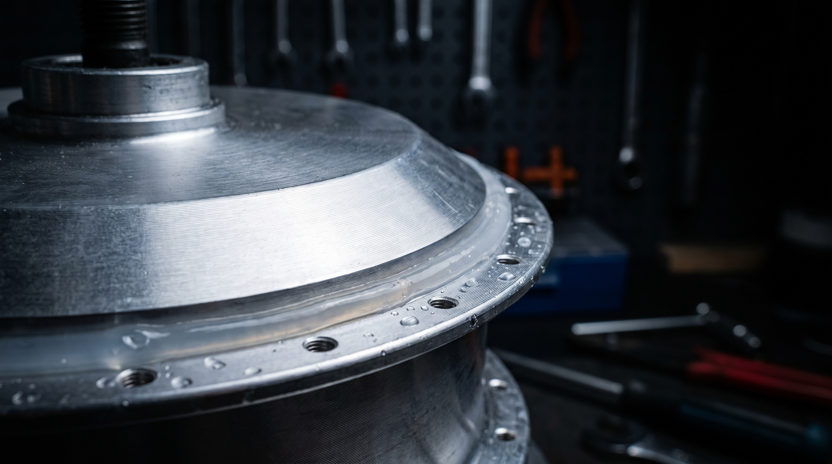 Close-up of factory silicone sealant along an EMOVE Cruiser V2 hub motor cover seam