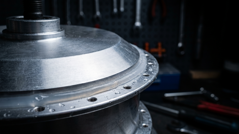 Close-up of factory silicone sealant along an EMOVE Cruiser V2 hub motor cover seam