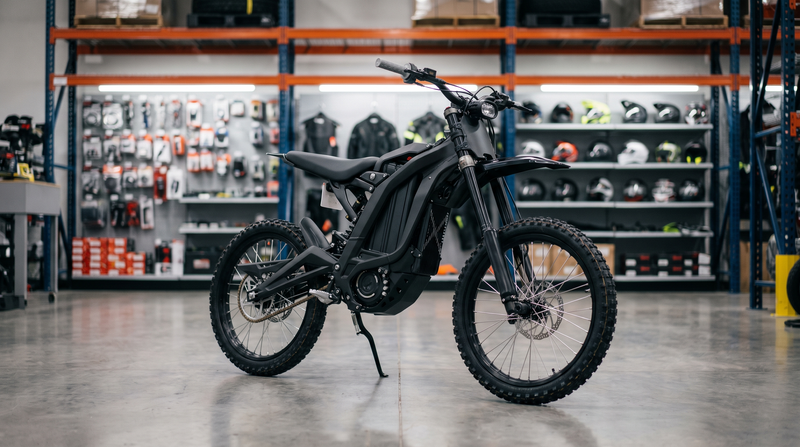 Black electric dirt bike in a VoroMotors showroom