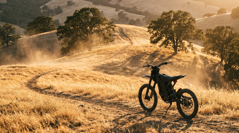 Electric dirt bike on a golden California hillside trail