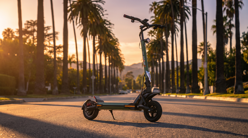 VoroMotors electric scooter on a Los Angeles boulevard