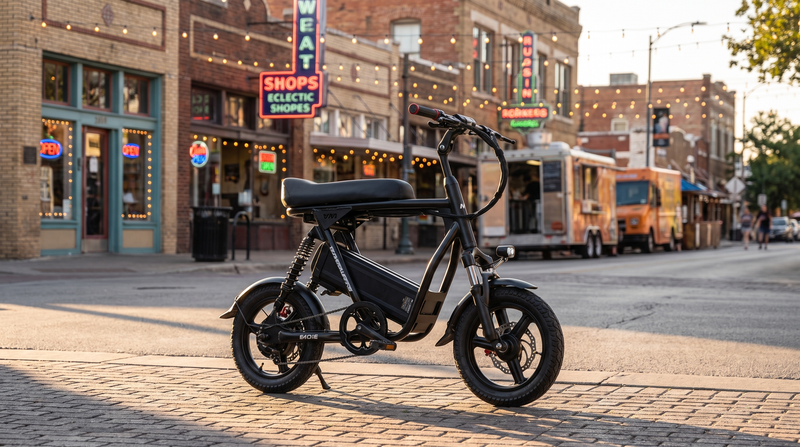 VoroMotors seated electric scooter on an Austin street