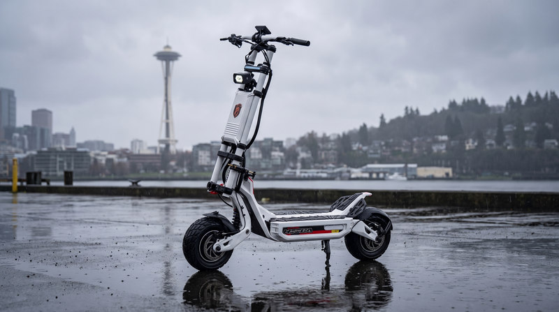 VoroMotors electric scooter on the Seattle waterfront