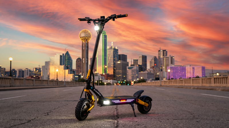 VoroMotors electric scooter with the Dallas skyline