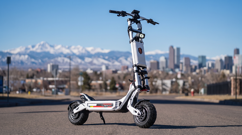 VoroMotors electric scooter with the Denver Rocky Mountains