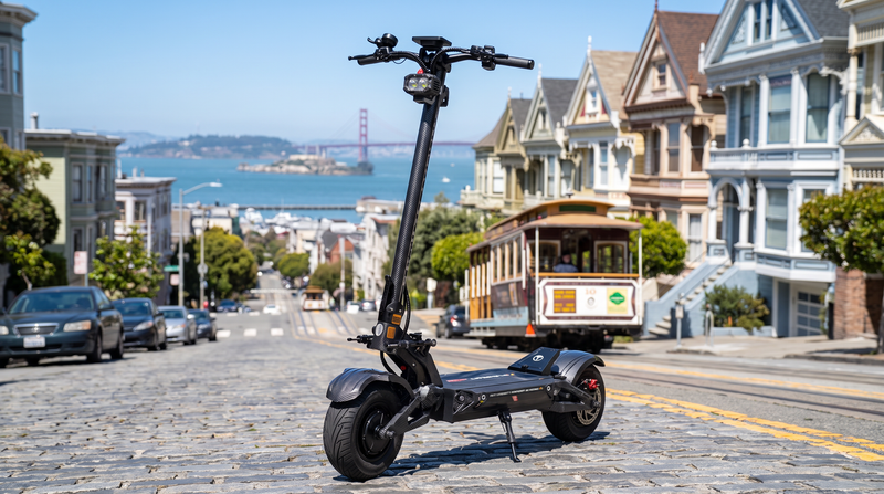 VoroMotors electric scooter on a San Francisco hill