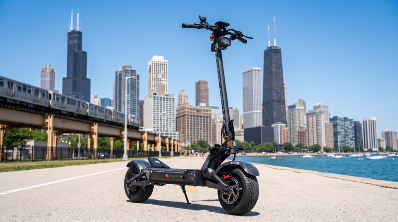VoroMotors electric scooter on the Chicago lakefront