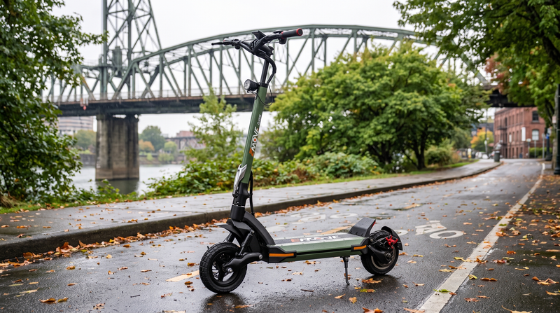 VoroMotors electric scooter on a Portland street