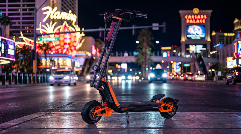 VoroMotors electric scooter on the Las Vegas Strip at night