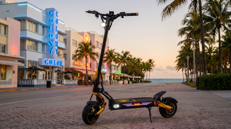 VoroMotors electric scooter on Miami Ocean Drive