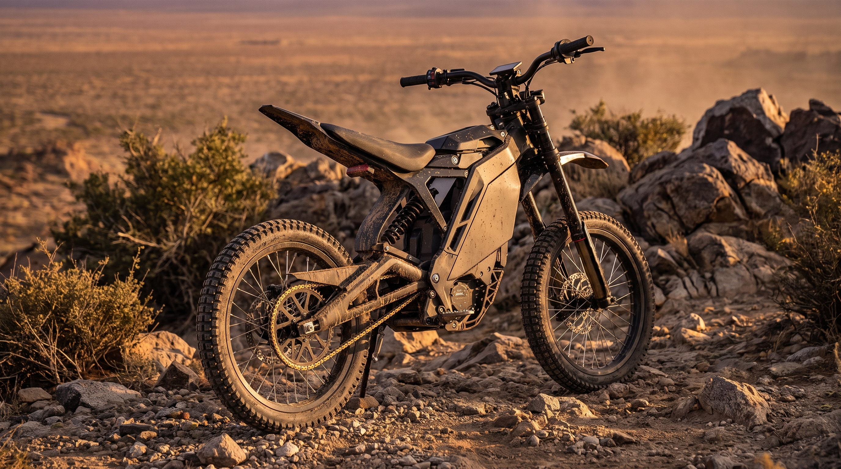 Electric dirt bike on a rough off-road trail
