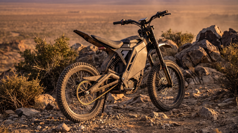 Electric dirt bike on a rough off-road trail