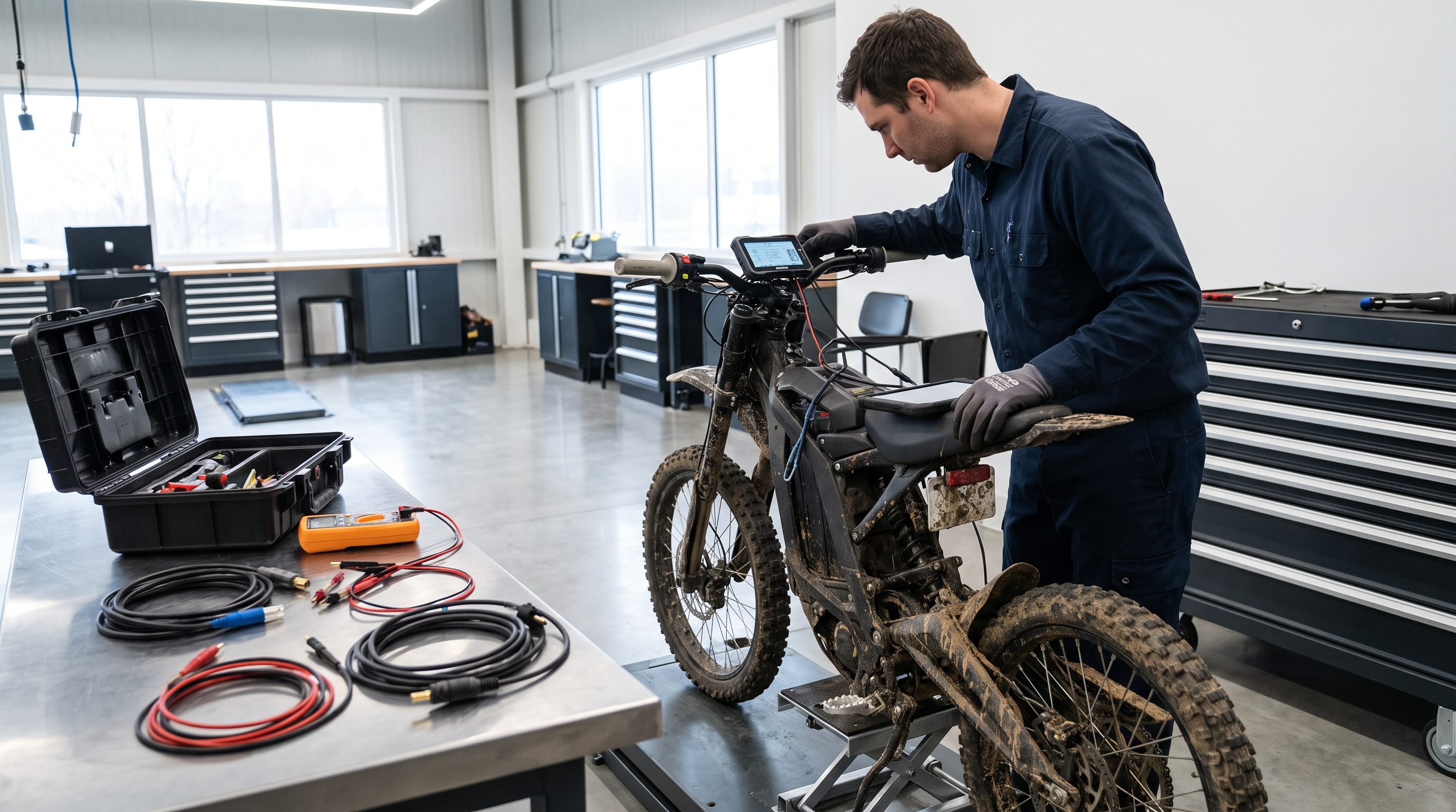 Technician diagnosing an electric dirt bike dashboard in a workshop
