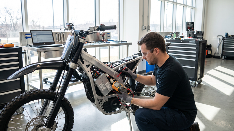 Technician diagnosing an electric dirt bike controller with a multimeter