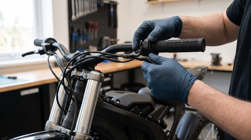 Technician inspecting the throttle and handlebar wiring on an electric dirt bike