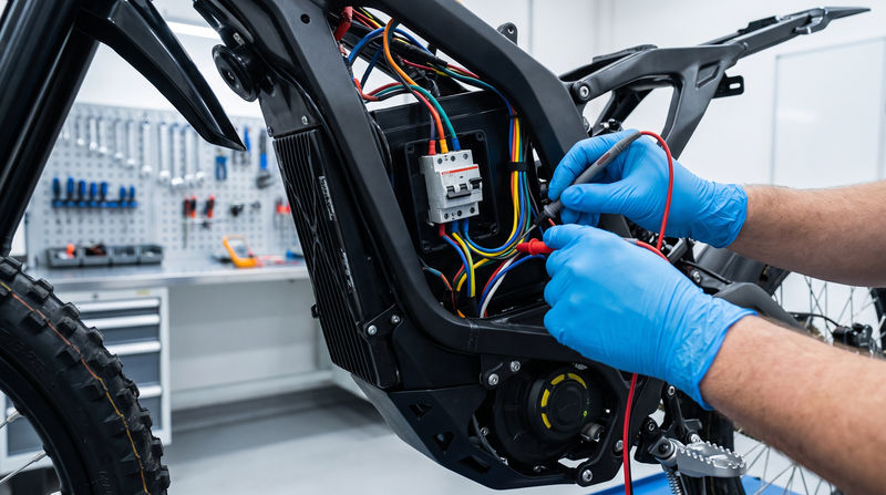 Technician inspecting electric dirt bike wiring and circuit breaker terminals