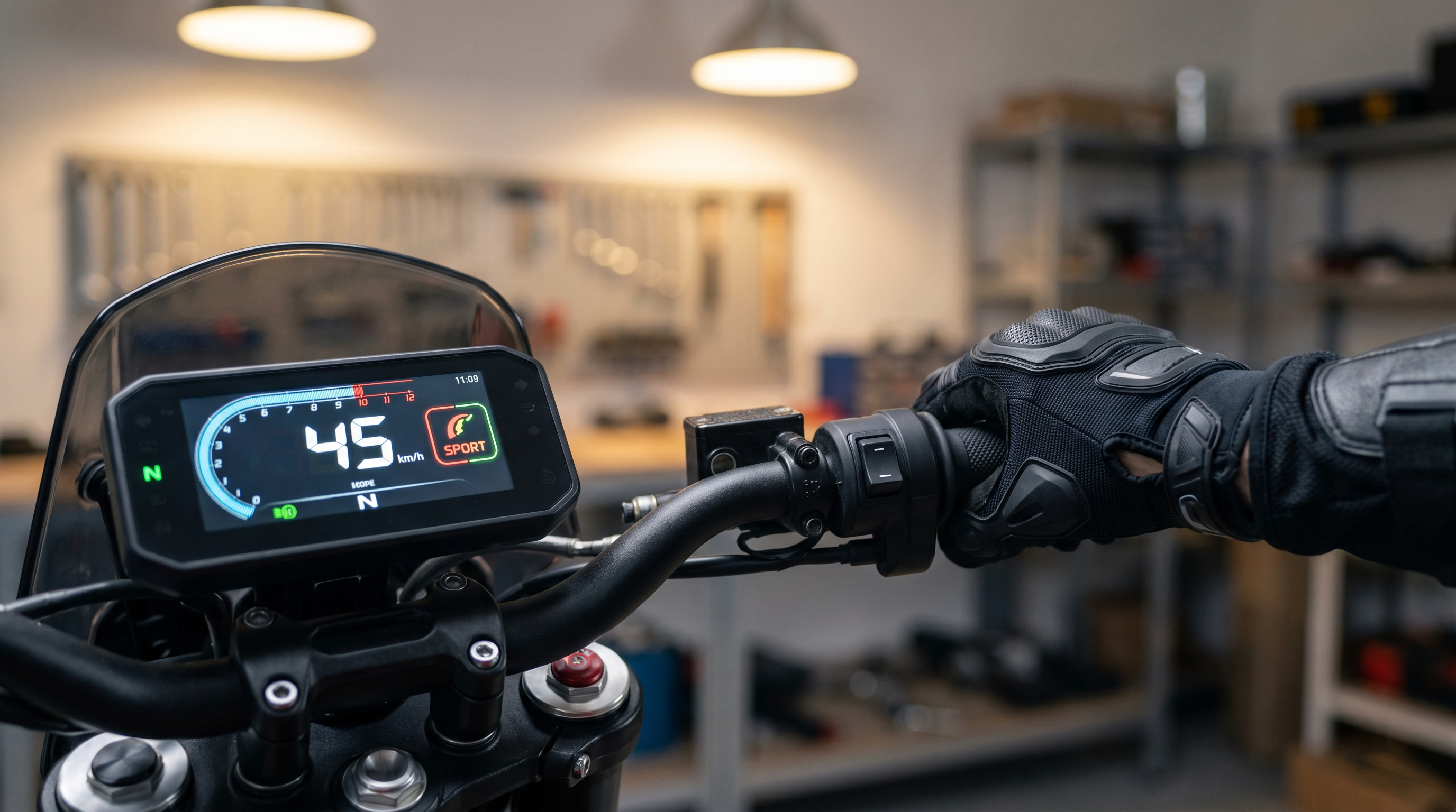 Electric dirt bike dashboard showing ride mode indicator